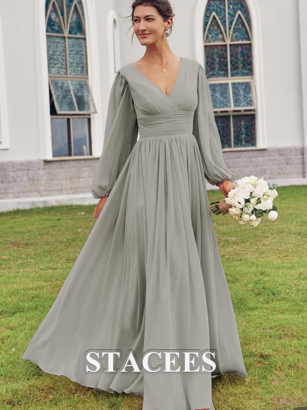 Stacees Dove Gray V-Neck Long Sleeve Chiffon Wedding Dress